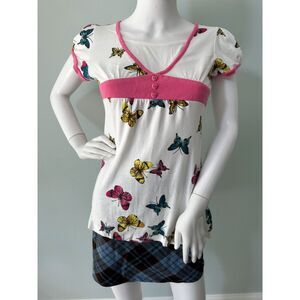 Vintage Y2k Baby Tee Butterfly Print Empire Waist Top Graphic Shirt size JR XL